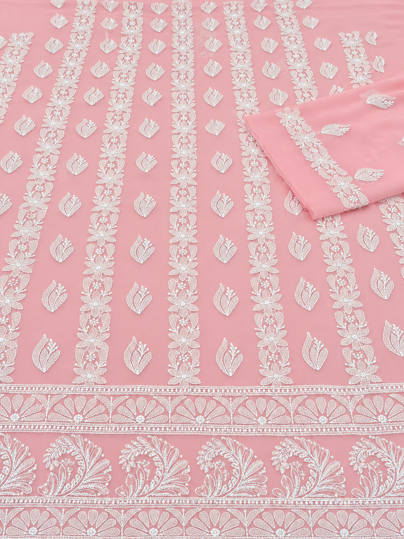 Seva Chikan Hand Embroidered Peach Georgette Lucknowi Chikankari Unstitched Suit Piece-SEV15041