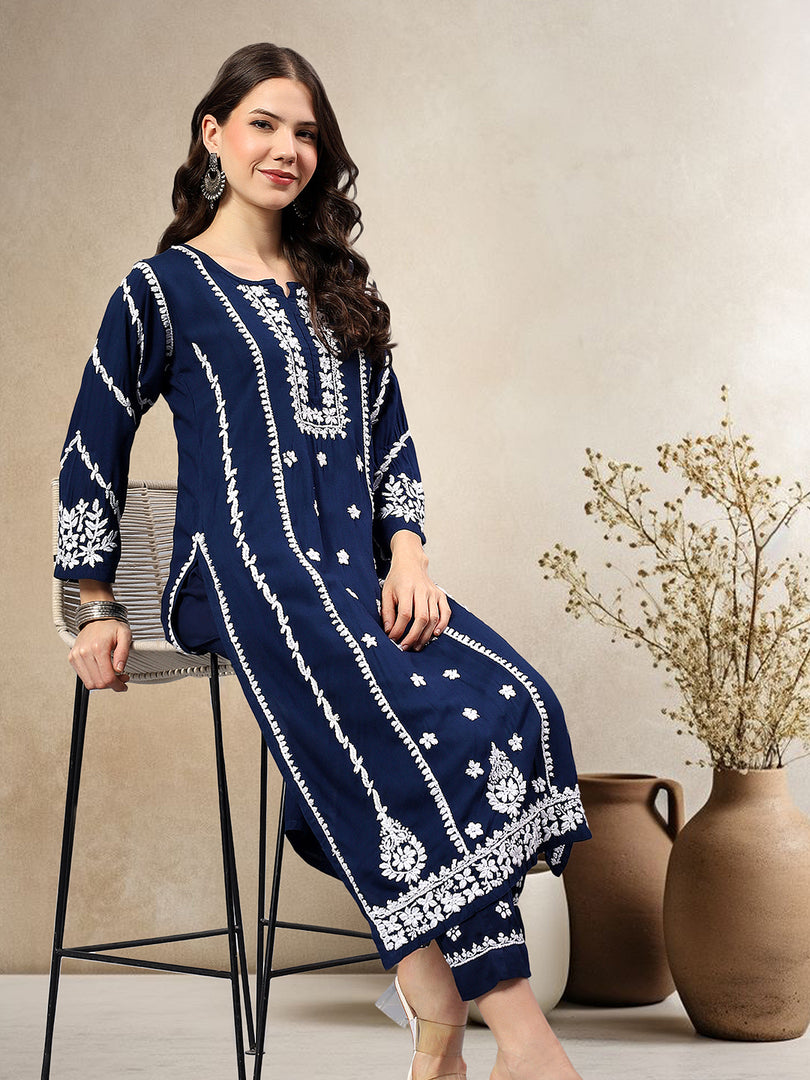 Seva Chikan Hand Embroidered Rayon Lucknowi Chikankari Kurta Set