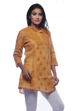 Load image into Gallery viewer, Seva Chikan Hand Embroidered Mustard Cotton Lucknowi Chikan Short Top-SCL0326