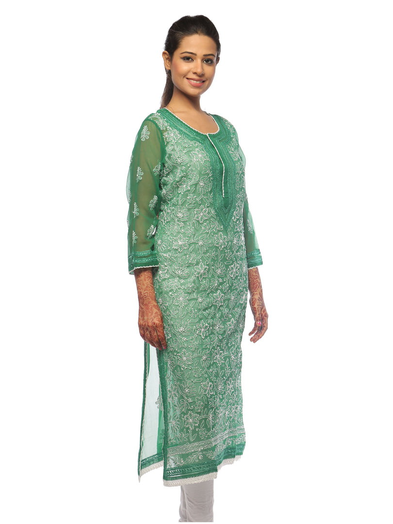 Seva Chikan Hand Embroidered Dark Green Georgette Lucknowi Chikan Kurti-SCL0621