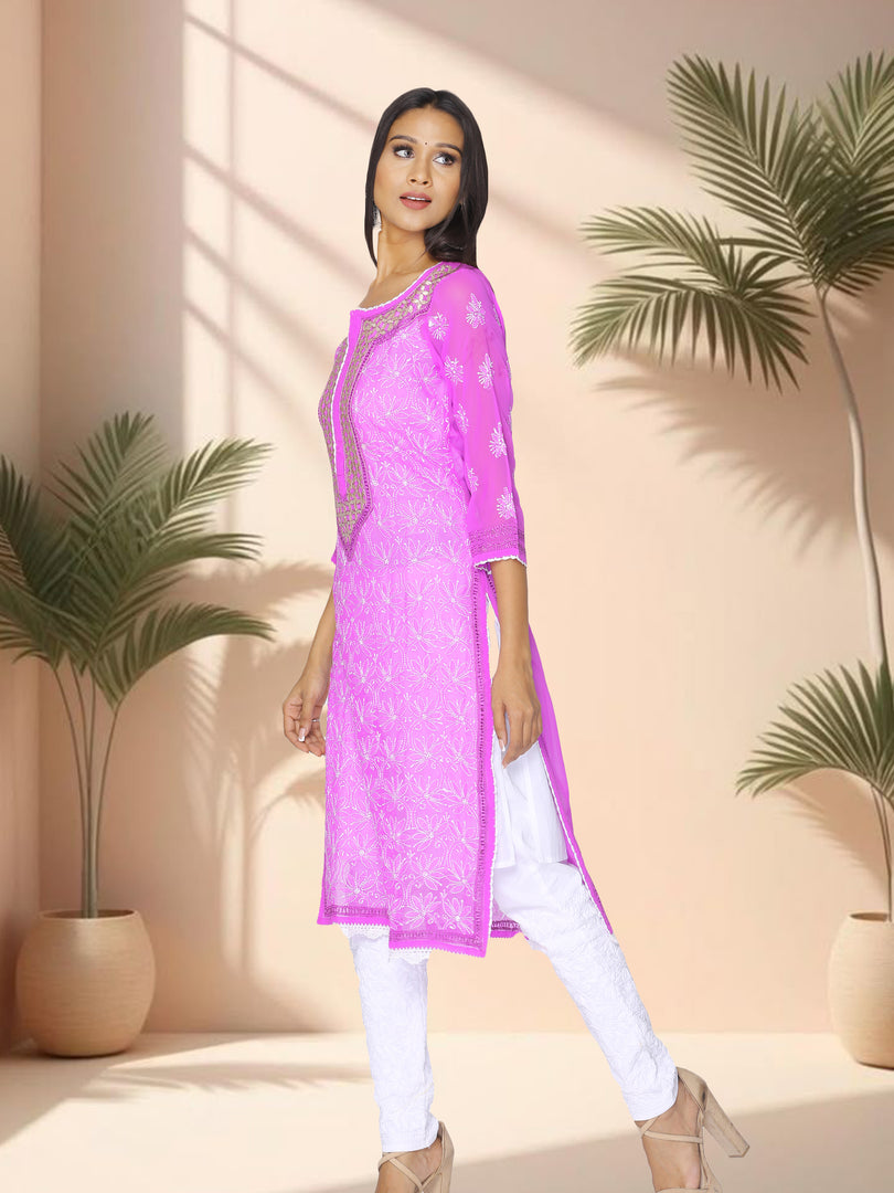 Seva Chikan Hand Embroidered Purple Georgette Lucknowi Chikan Kurti SCL1077
