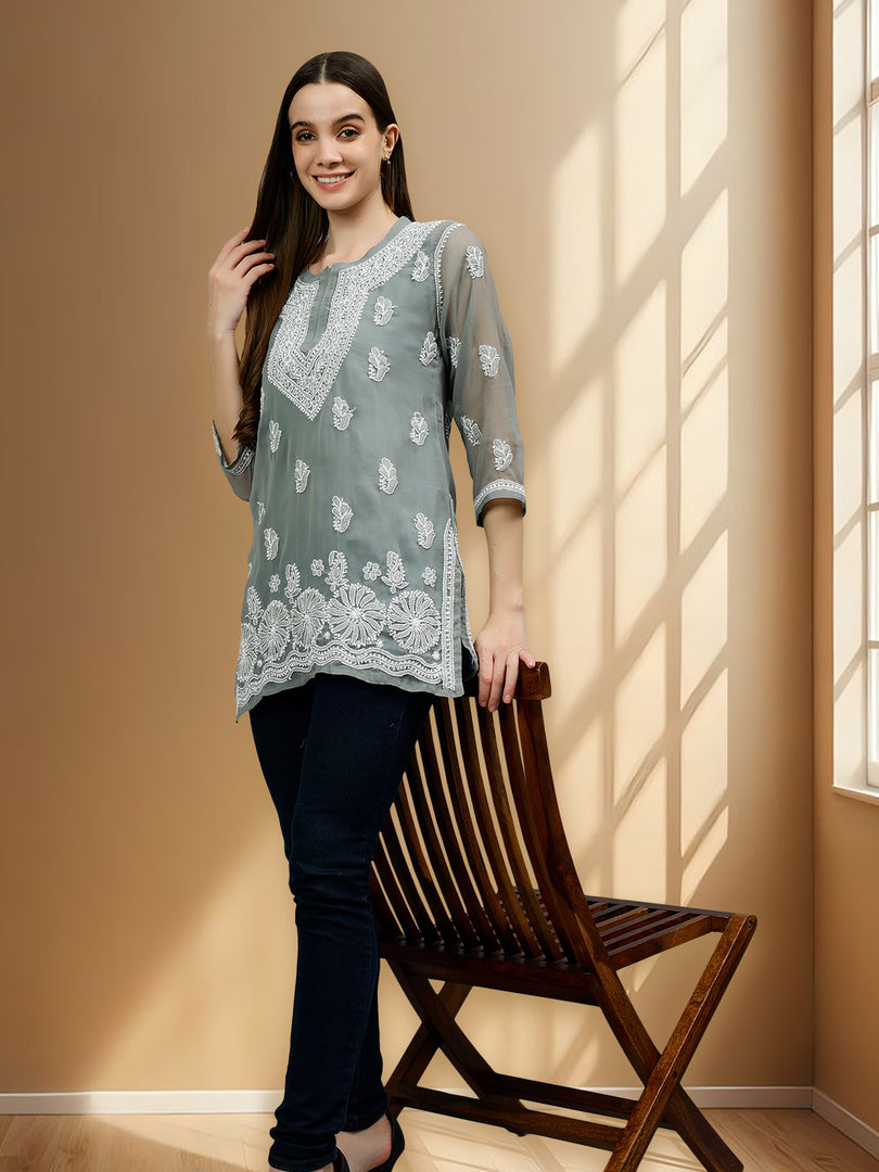 Seva Chikan Hand Embroidered Georgette Lucknowi Chikankari Top With Slip