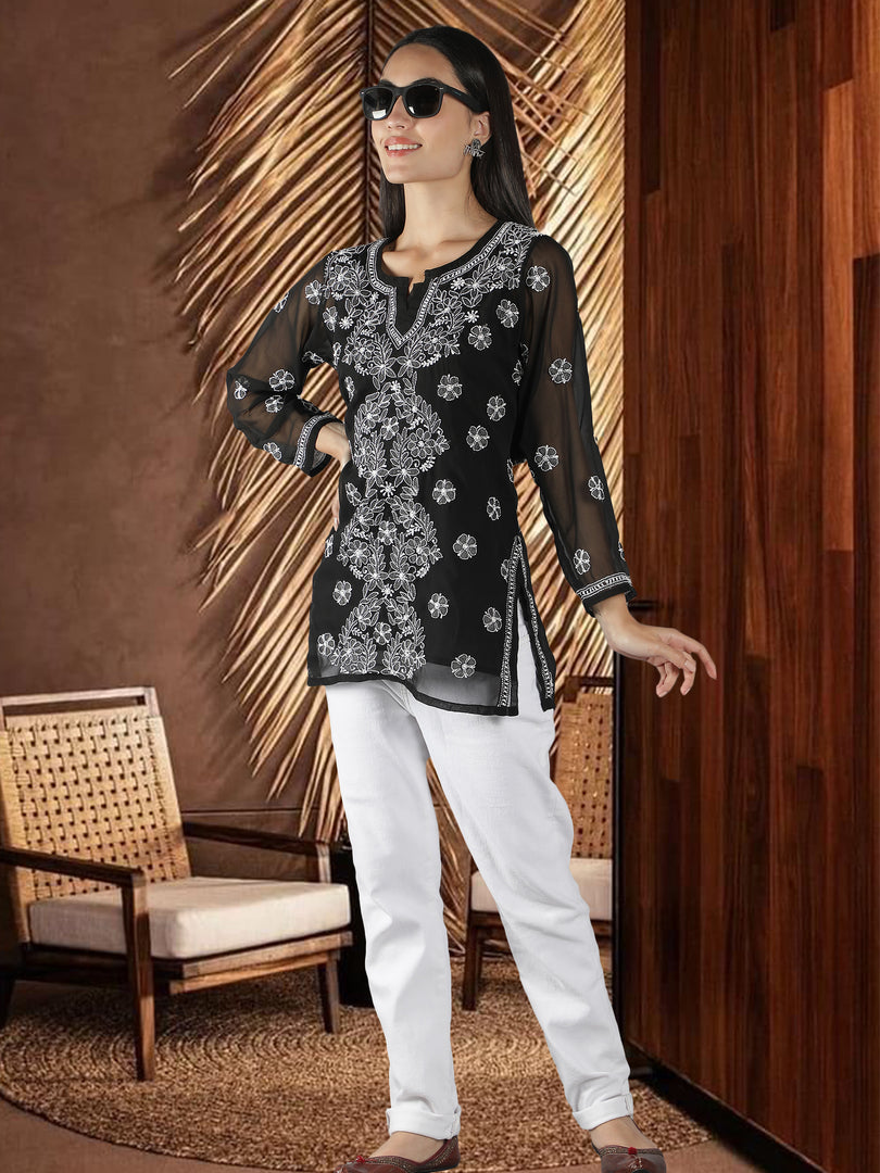 Seva Chikan Hand Embroidered  Georgette Lucknowi Chikan Top With Slip