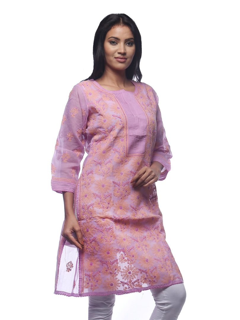 Seva Chikan Hand Embroidered Mauve Cotton Lucknowi Chikan Kurti-SCL0251