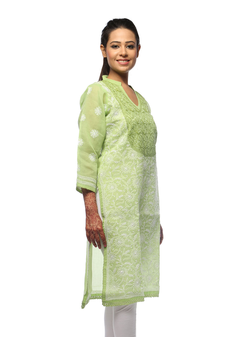 Seva Chikan Hand Embroidered Green Cotton Lucknowi Chikan Kurti-SCL0605