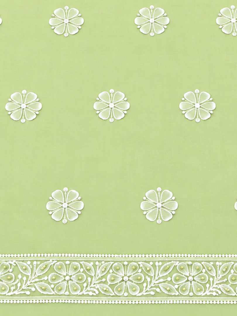 Seva Chikan Hand Embroidered Light Green Cotton Lucknowi Chikankari Unstitched Suit Piece-SEV15032