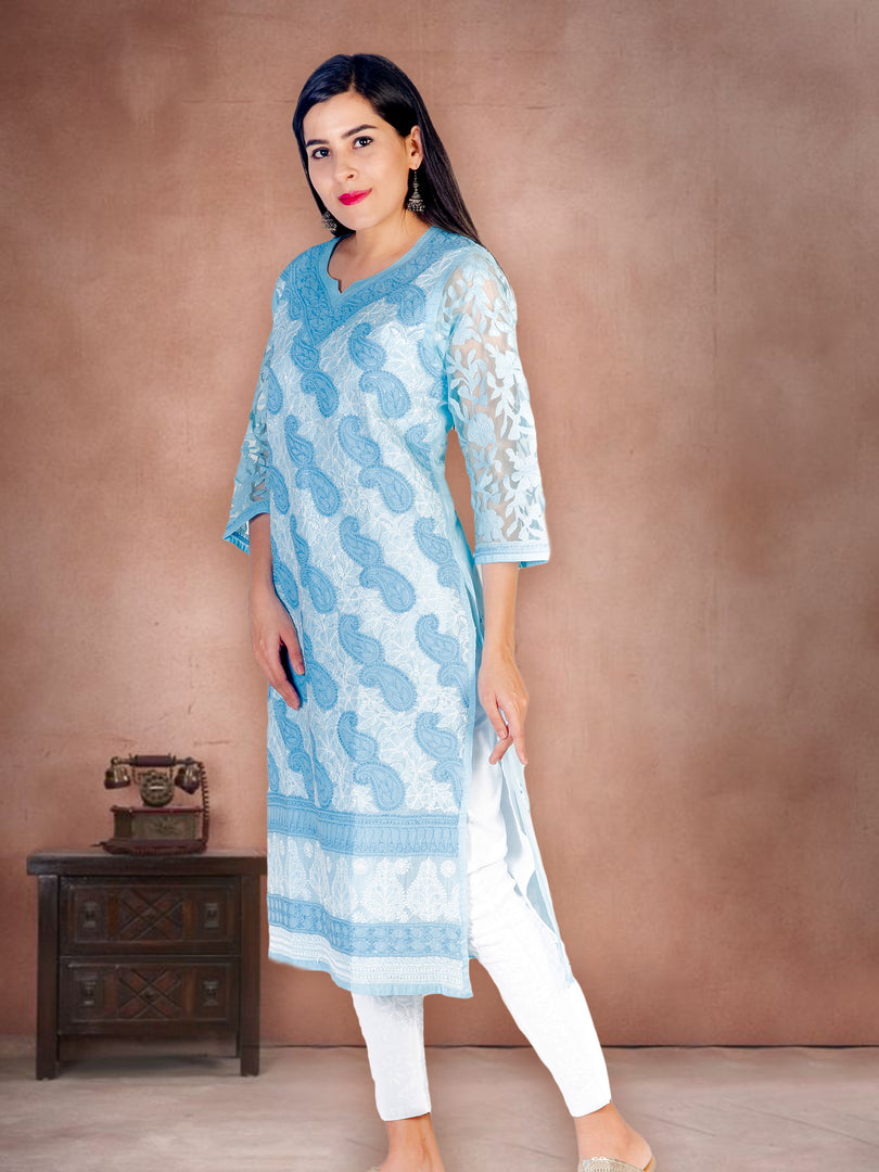 Seva Chikan Hand Embroidered Sky Blue Cotton Lucknowi Chikan Kurti SCL1204