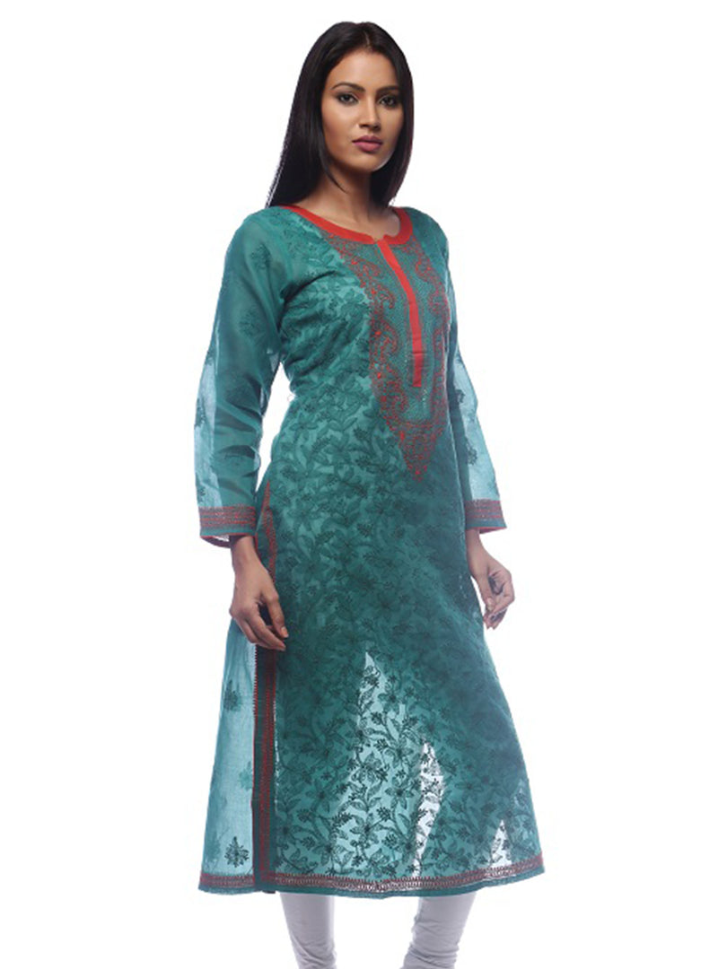 Seva Chikan Hand Embroidered Dark Green Cotton Lucknowi Chikan Kurti-SCL0236