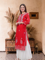 Load image into Gallery viewer, Seva Chikan Hand Embroidered Maroon Georgette Lucknowi Chikankari Kurta With Inner