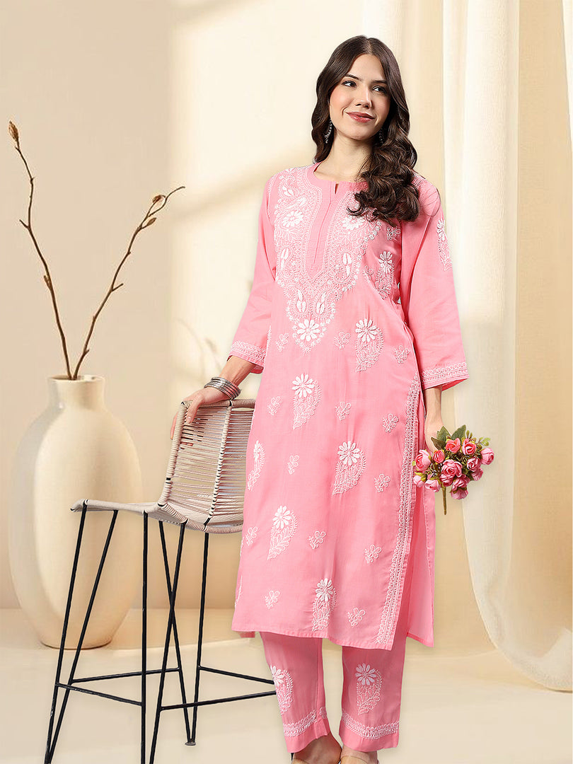 Seva Chikan Hand Embroidered Cotton Lucknowi Chikankari Kurta Set