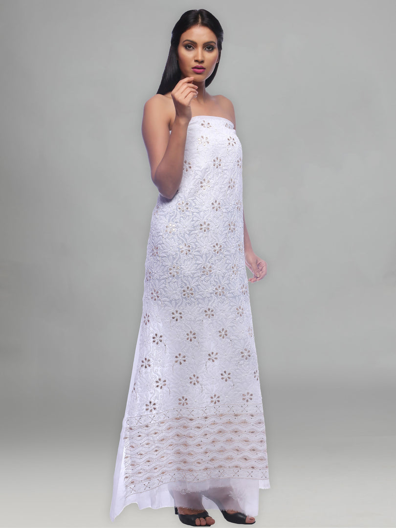 Seva Chikan Hand Embroidered White Georgette Lucknowi Chikan Unstitched Kurti Piece-SCL0119
