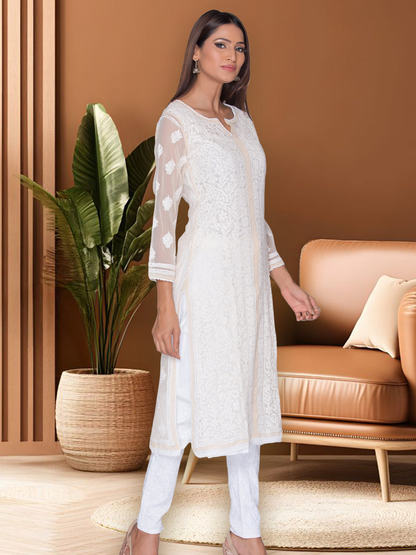 Seva Chikan Hand Embroidered Beige Georgette Lucknowi Chikan Kurti SCL1039