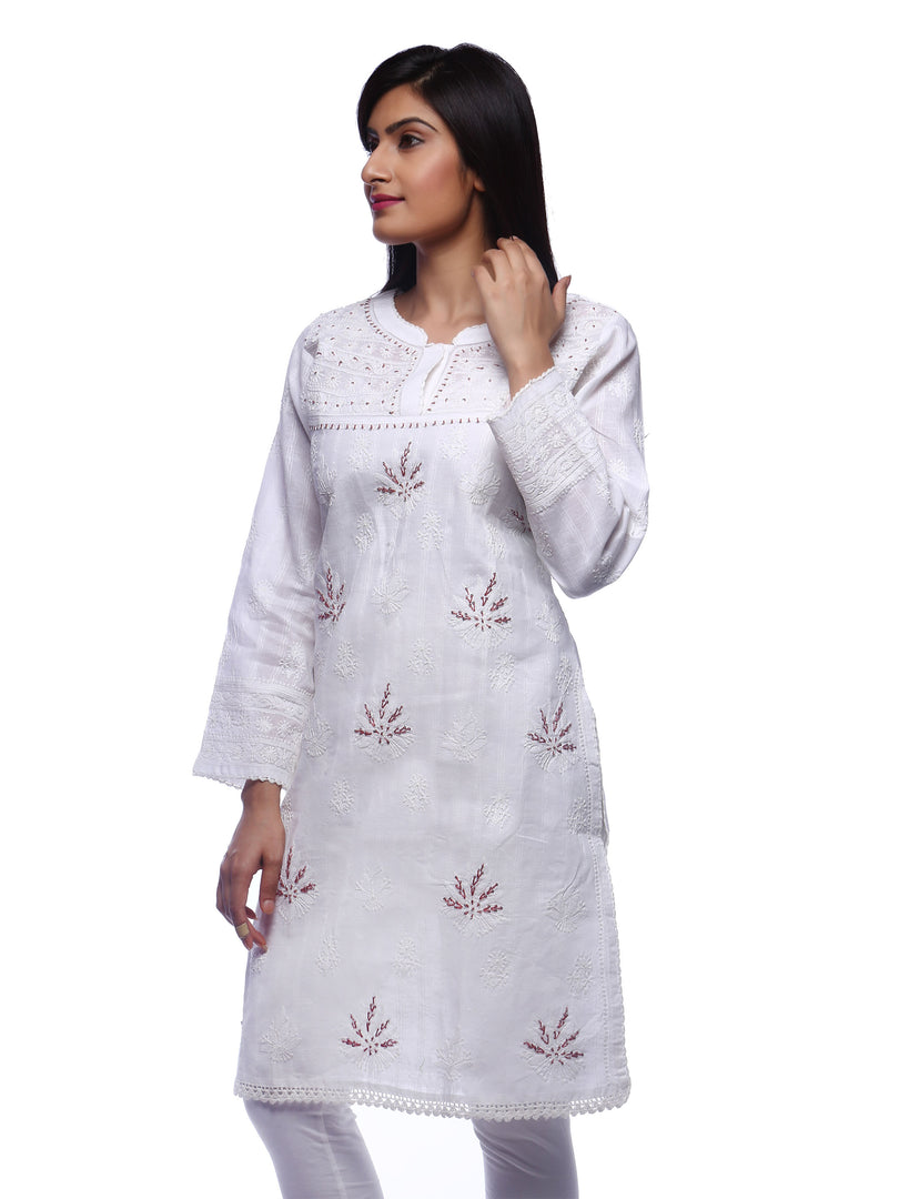 Seva Chikan Hand Embroidered White Cotton Lucknowi Chikan Kurti-SCL0225