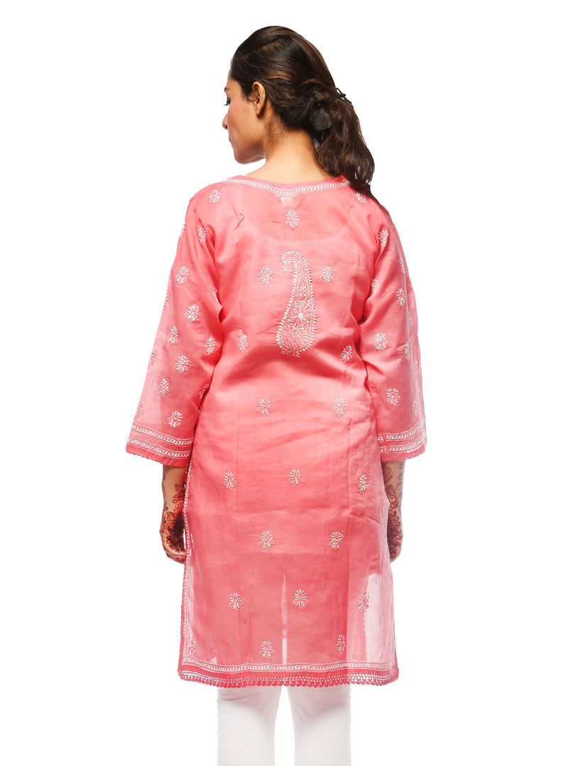 Seva Chikan Hand Embroidered Dark Pink Cotton Lucknowi Chikan Kurta-SCL0652