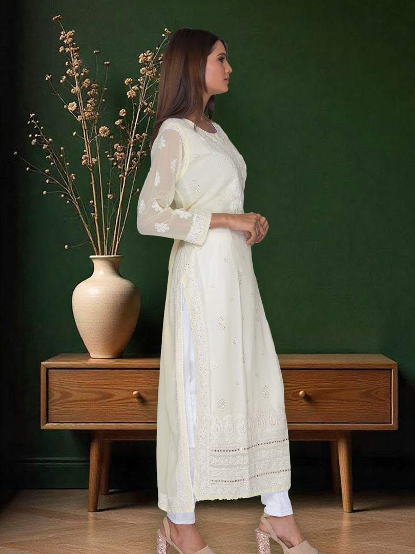 Seva Chikan Hand Embroidered White Cotton Lucknowi Chikan Kurti With Gota Patti Work SCL1071