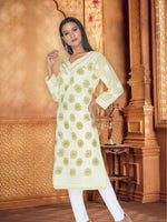 Load image into Gallery viewer, Seva Chikan Hand Embroidered Lemon Cotton Lucknowi Chikan Kurti SCL1047
