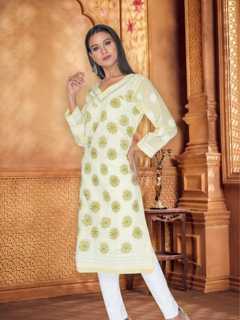 Seva Chikan Hand Embroidered Lemon Cotton Lucknowi Chikan Kurti SCL1047