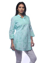 Load image into Gallery viewer, Seva Chikan Hand Embroidered Sea Green Cotton Lucknowi Chikankari Short Top-SCL0327