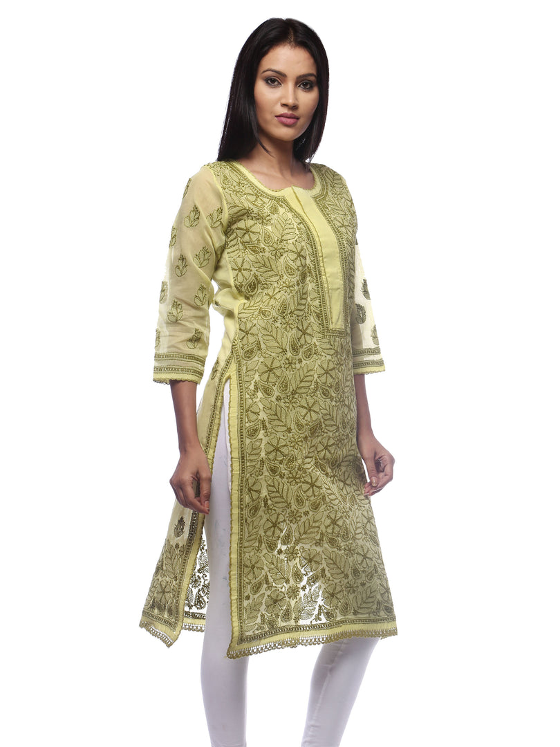 Seva Chikan Hand Embroidered Pista Green Cotton Lucknowi Chikan Kurti-SCL0268