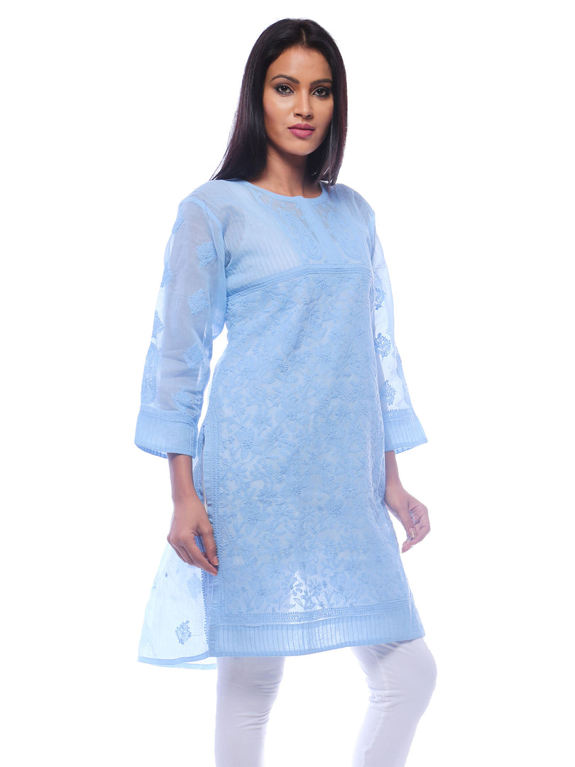 Seva Chikan Hand Embroidered Blue Cotton Lucknowi Chikan Kurti-SCL0216