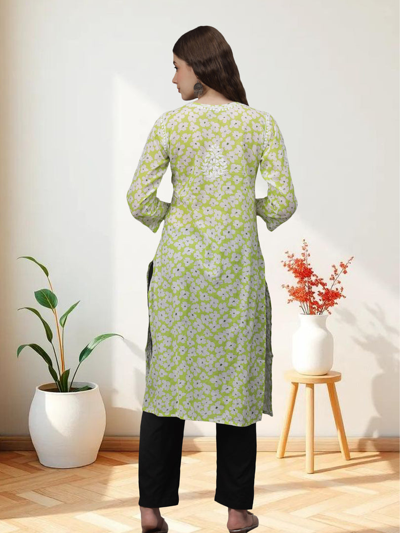 Seva Chikan Hand Embroidered Pista Green Mal-Mal Lucknowi Chikankari Kurta-SCL4583