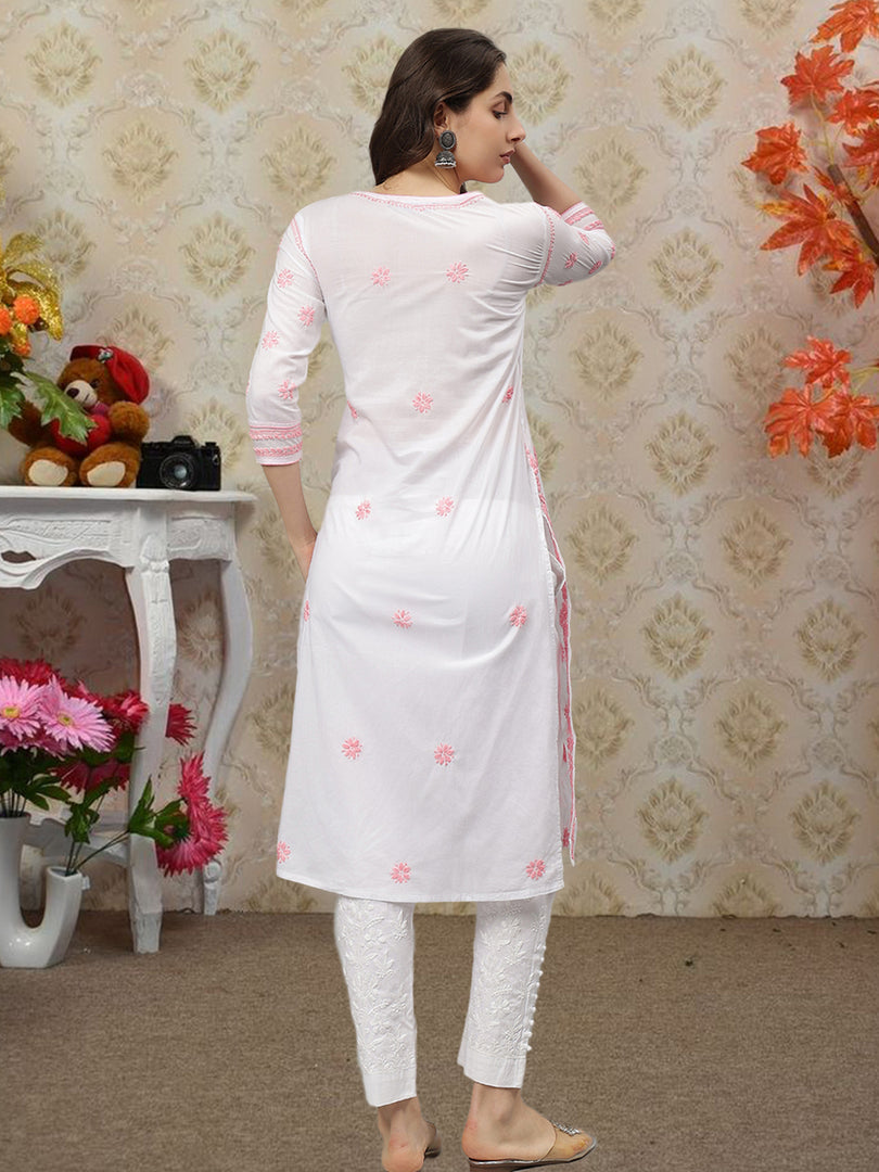 Seva Chikan Embroidered White p Pink Cotton Lucknowi Chikankari Kurta SCL4727
