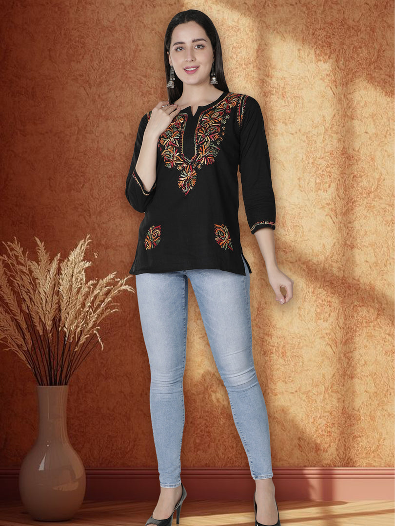 Seva Chikan Hand Embroidered Cotton Lucknowi Chikan Short Top