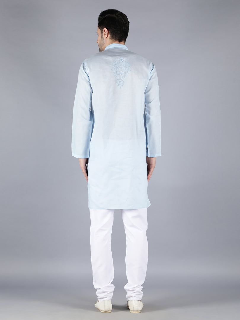 Seva Chikan Hand Embroidered  Cotton Lucknowi Chikan Mens Stitched Kurta