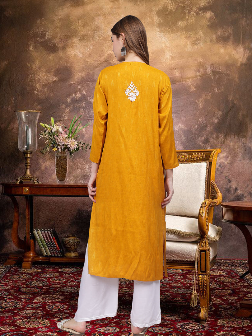 Seva Chikan Hand Embroidered Mustard Rayon Lucknowi Chikankari Kurta-SCL4588