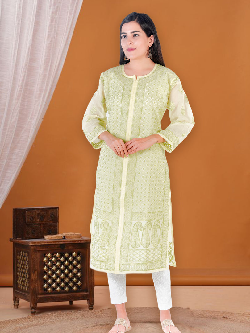 Seva Chikan Hand Embroidered Yellow Cotton Lucknowi Chikan Kurti SCL1214