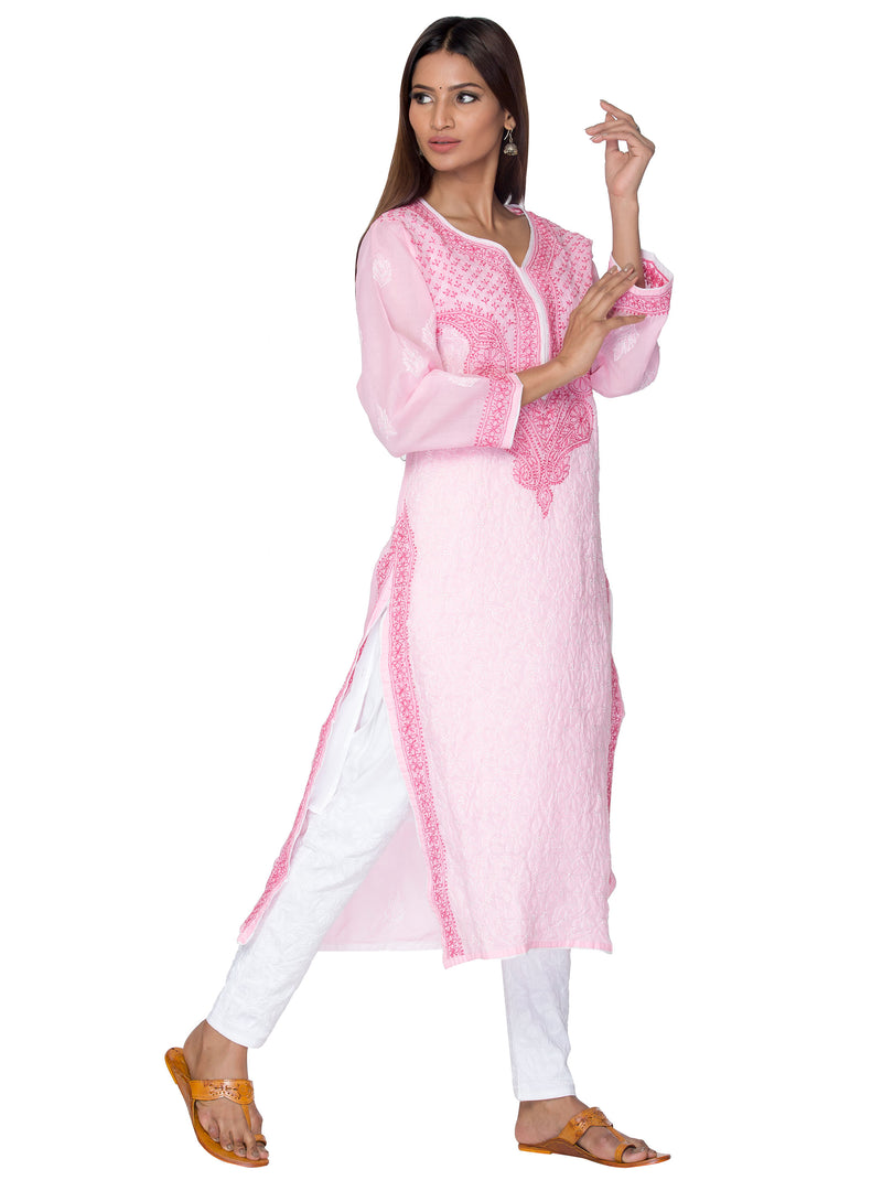 Seva Chikan Hand Embroidered Pink Cotton Lucknowi Chikan Kurta-SCL0900