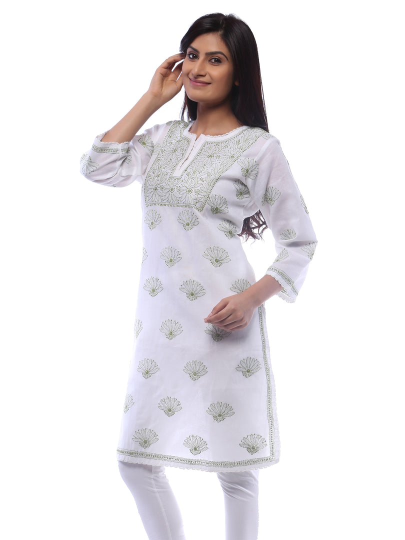 Seva Chikan Hand Embroidered White Cotton Lucknowi Chikan Kurti-SCL0232