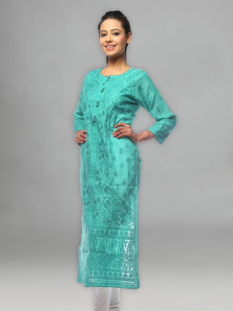 Seva Chikan Hand Embroidered Sea Green Chanderi Silk Lucknowi Chikan Kurti-SCL0602