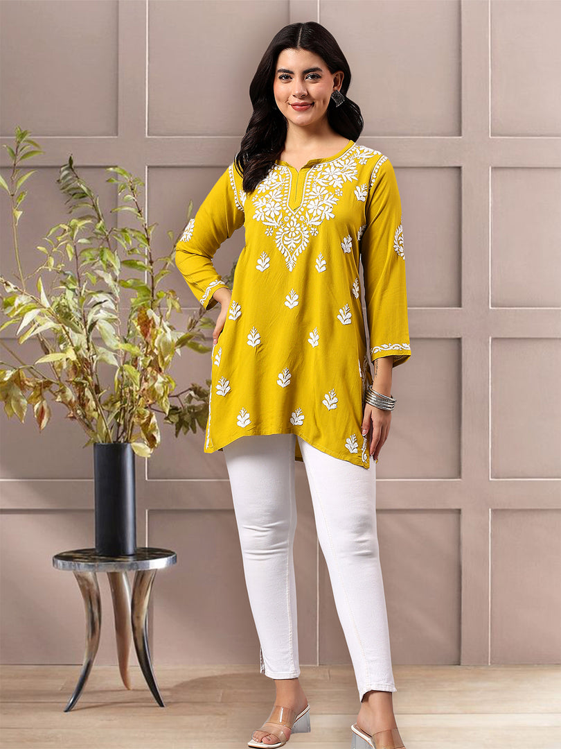 Seva Chikan Hand Embroidered Mehandi Green Rayon Lucknowi Chikan Top SCL9162