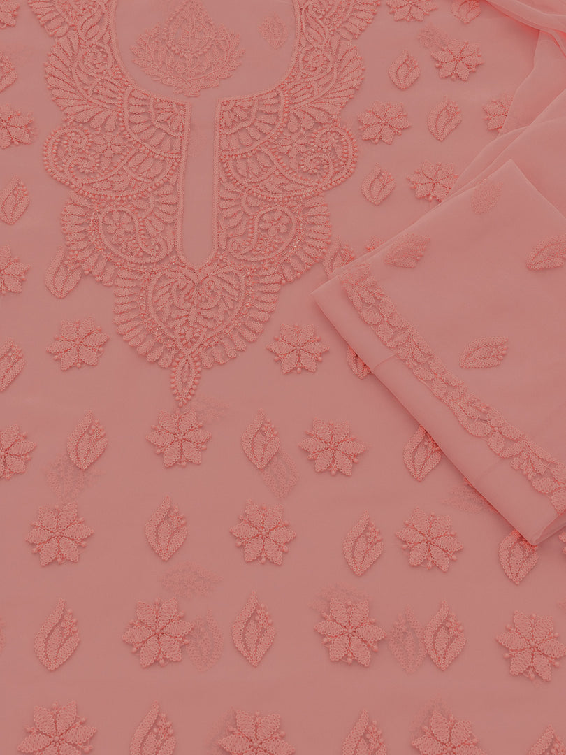 Seva Chikan Hand Embroidered Peach Georgette Lucknowi Chikankari Unstitched Suit Piece-SEV15034