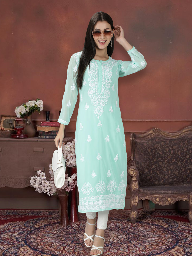 Seva Chikan Hand Embroidered Georgette Lucknowi Chikan Kurti With Slip