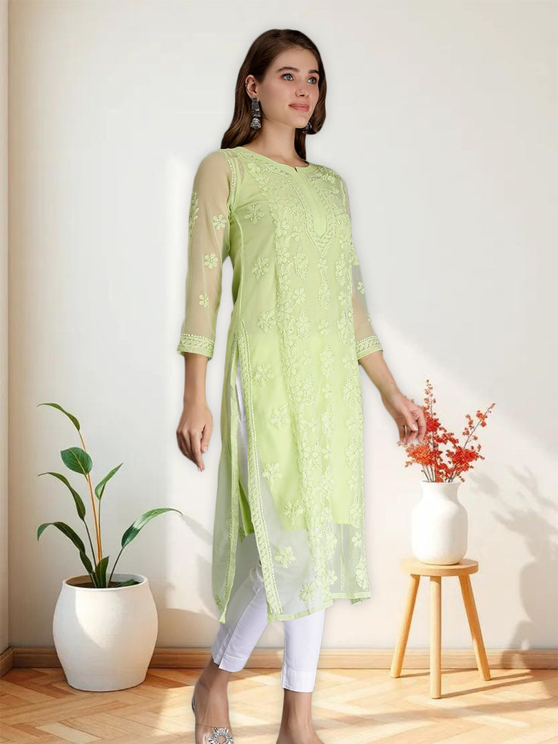 Seva Chikan Hand Embroidered Georgette Lucknowi Chikankari Kurta With Slip
