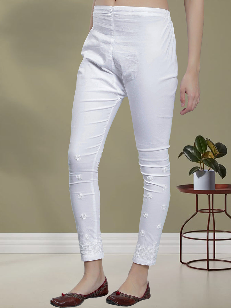 Seva Chikan Hand Embroidered White Cotton Lucknawi Chikankari Palazzo-SCL11026