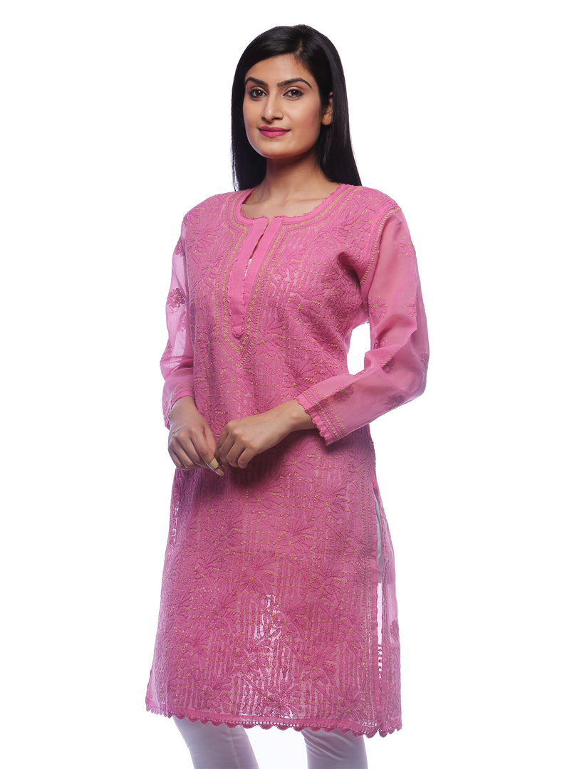 Seva Chikan Hand Embroidered Pink Cotton Lucknowi Chikan Kurti-SCL0323