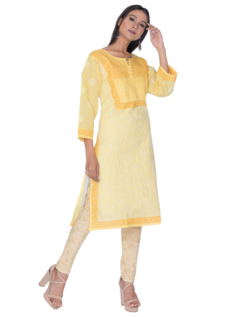 Seva Chikan Hand Embroidered Yellow Cotton Lucknowi Chikan Kurta-SCL0931