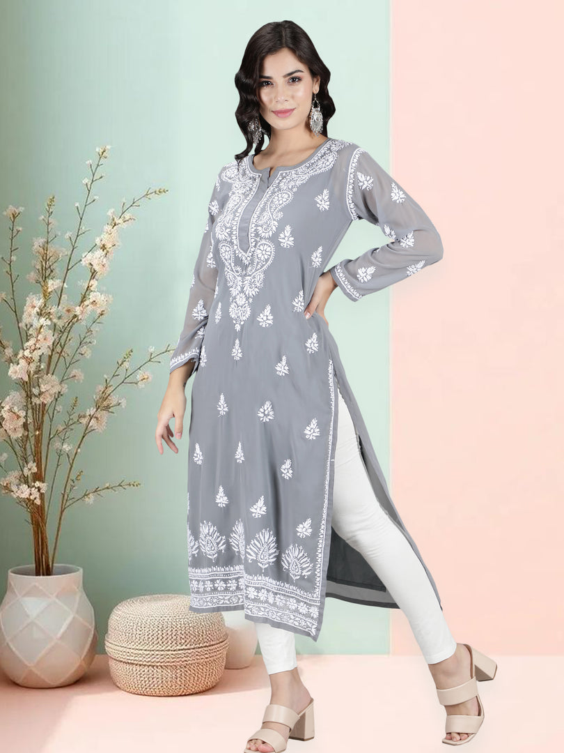 Seva Chikan Hand Embroidered Georgette Lucknowi Chikan Kurti With Slip