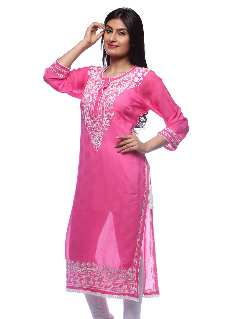 Seva Chikan Hand Embroidered Pink Faux Georgette Lucknowi Chikan Kurti-SCL0280