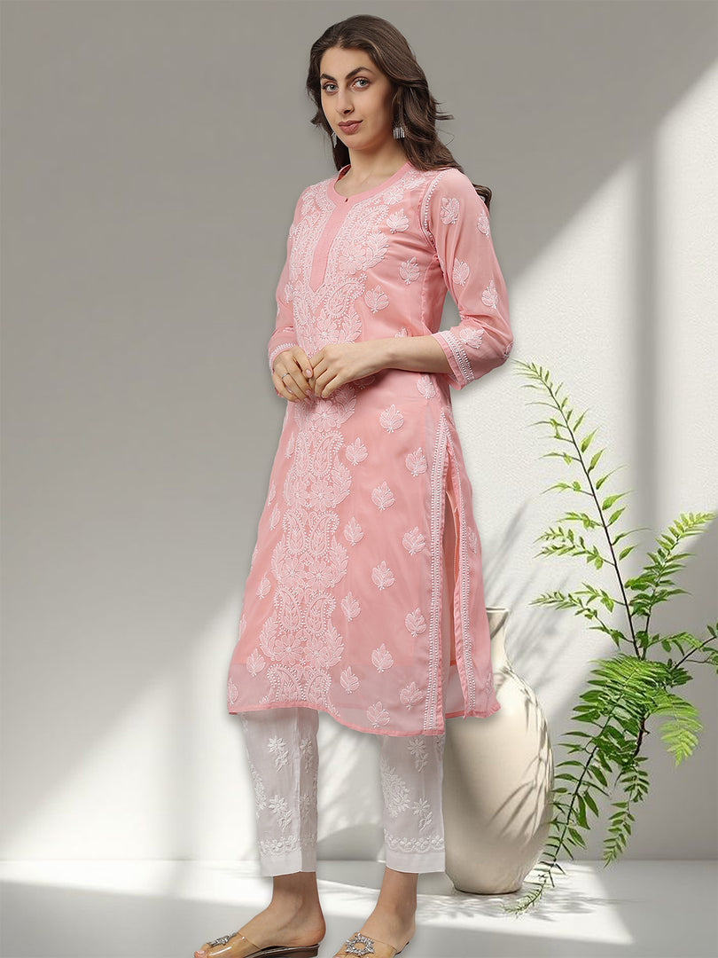 Seva Chikan Hand Embroidered Georgette Lucknowi Chikankari Kurta With Slip