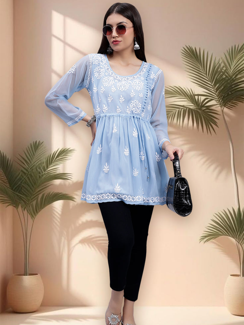 Seva Chikan Hand Embroidered Georgette Lucknowi Chikankari Top With Slip
