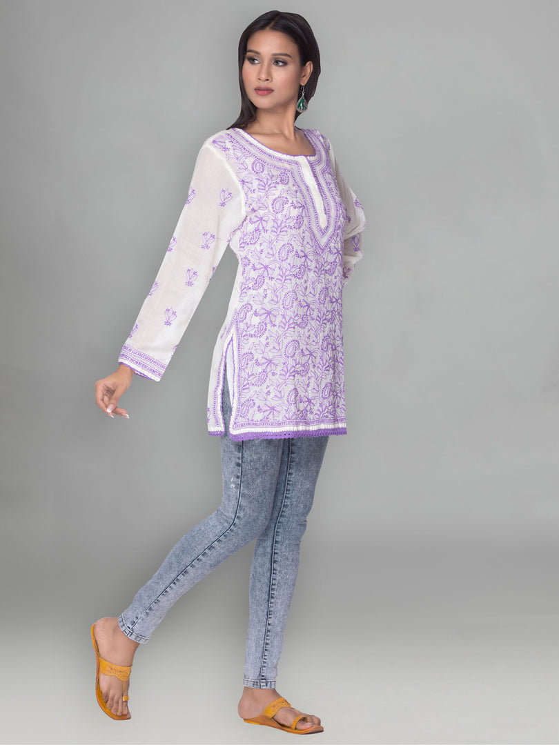 Seva Chikan Hand Embroidered White Cotton Lucknowi Chikankari Short Kurti-SCL0998