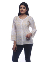 Load image into Gallery viewer, Seva Chikan Hand Embroidered White Cotton Lucknowi Chikankari Short Top With Mukaish Work- SCL0150