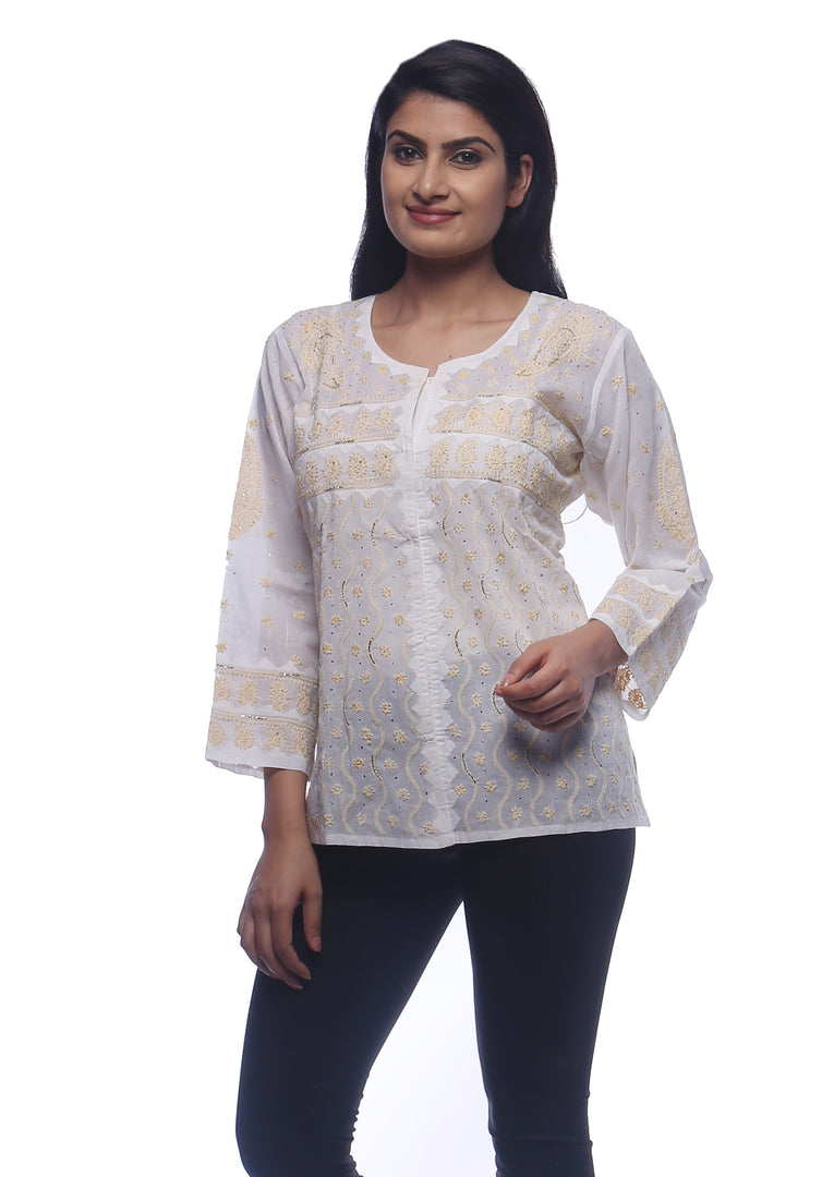 Seva Chikan Hand Embroidered White Cotton Lucknowi Chikankari Short Top With Mukaish Work- SCL0150