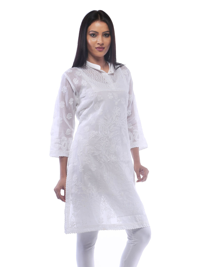 Seva Chikan Hand Embroidered White Cotton Lucknowi Chikan Kurti-SCL0318