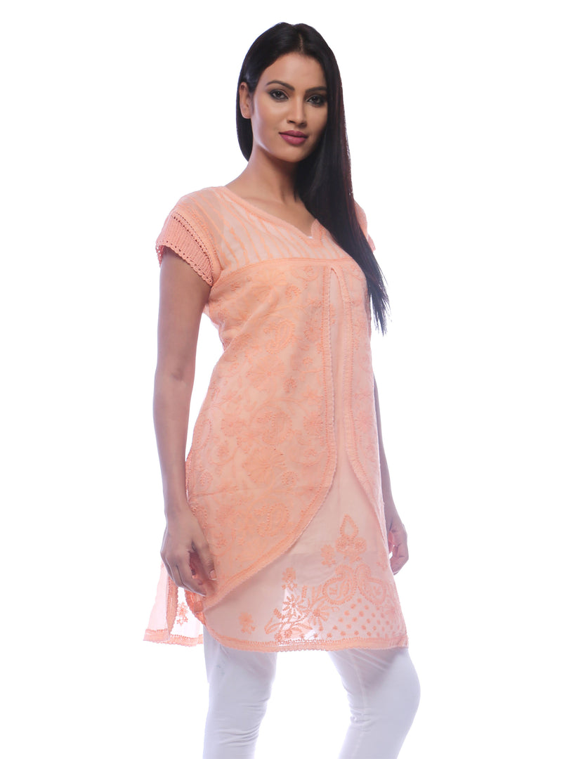 Seva Chikan Hand Embroidered Orange Cotton Lucknowi Chikan Kurti-SCL0300