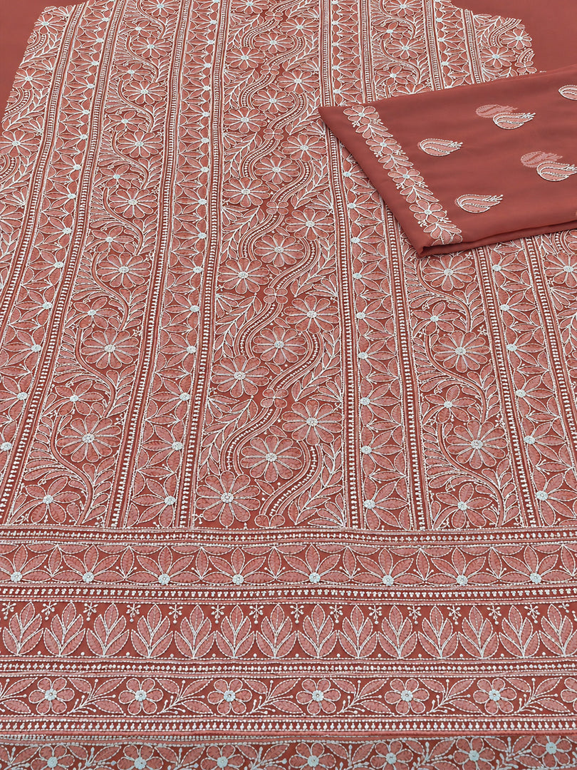 Seva Chikan Hand Embroidered Red Georgette Lucknowi Chikankari Unstitched Suit Piece-SEV15060